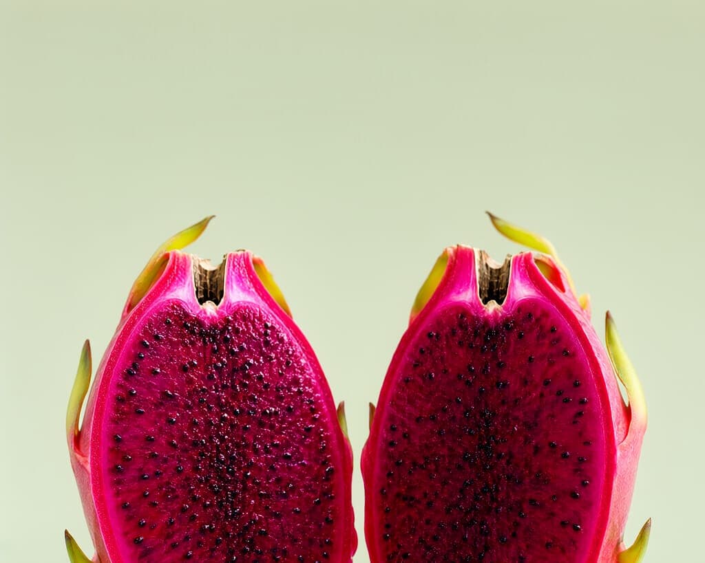 Fruit de dragon rouge coupé en deux : chair rouge magenta et petites graines noires